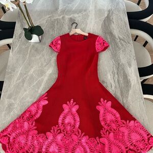 Chic Red Midi Dress with Pink Lace Accents